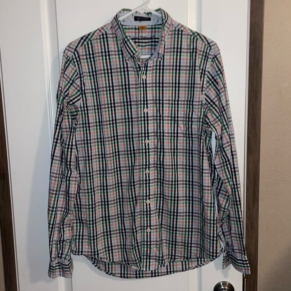 Tailor Vintage Luxe Performance Multicolor Gingham Plaid Button Down Shirt Sz M